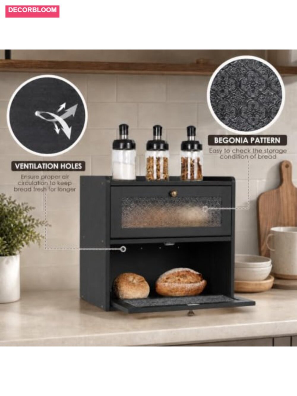 Large Pine Wood Bread Box with Magnetic Doors and Air Vents for Kitchen Counter - Picture 3 of 6